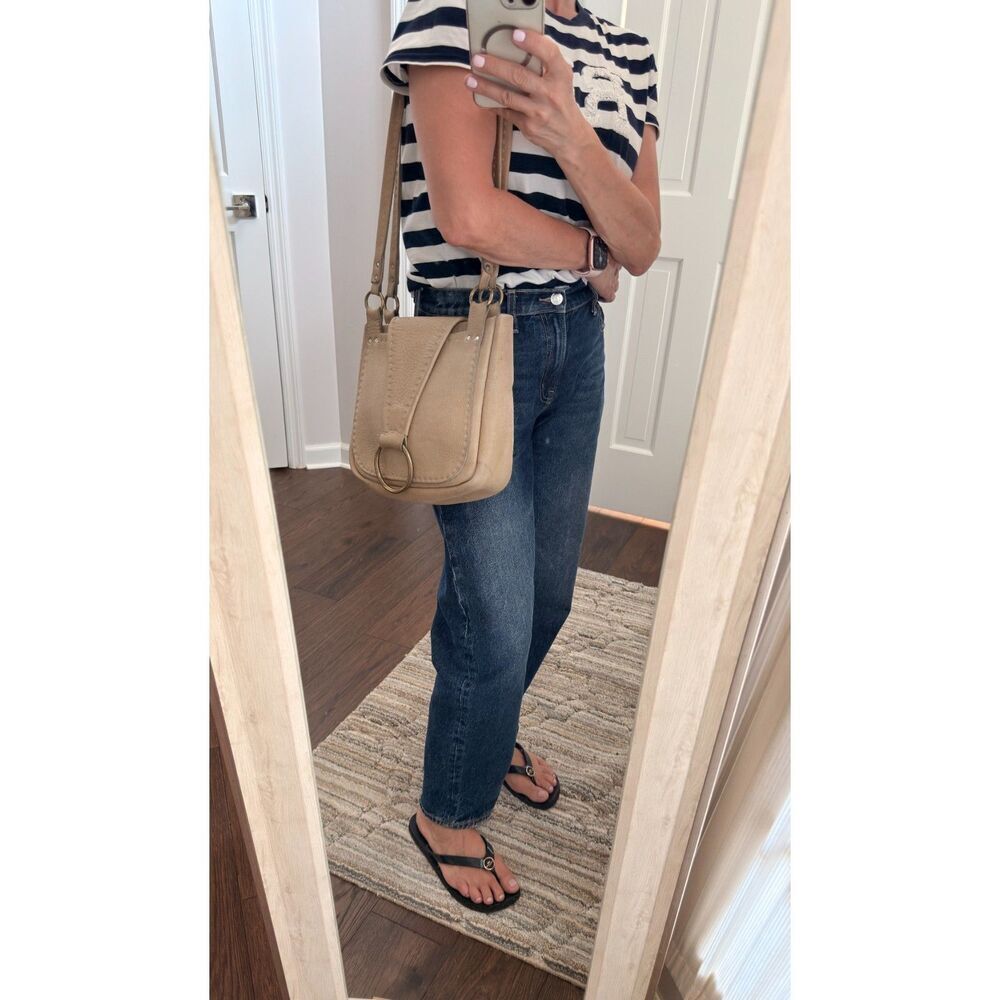Vintage Handmade by CW Tan Stitched Leather Boho Purse Brass Ring Shoulder Bag